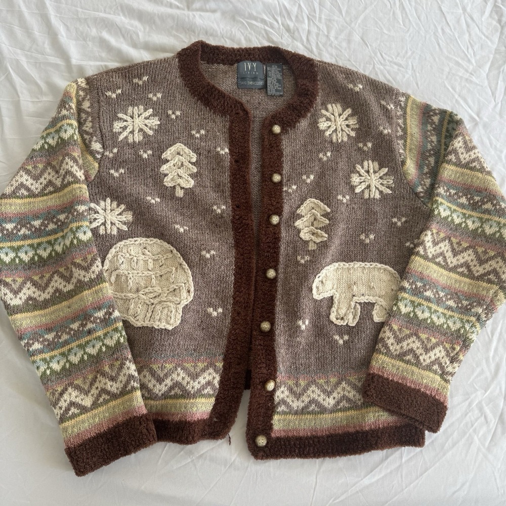 Vintage 90s Ivy Living Hand Embroidered Knit Polar Bear Winter Grandma Sweater M
